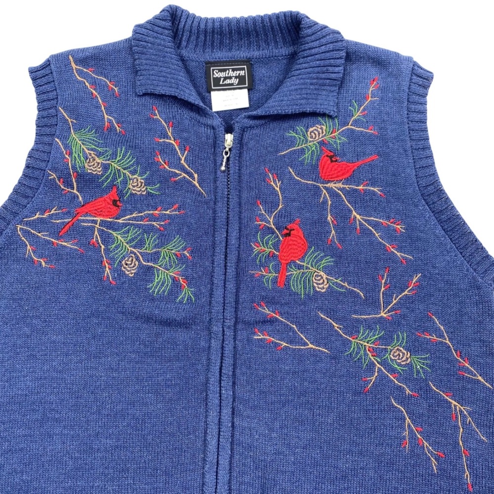 Southern Lady Sweater Vest Womens M Blue Embroidered Cardinal Pine Zip Up  VTG